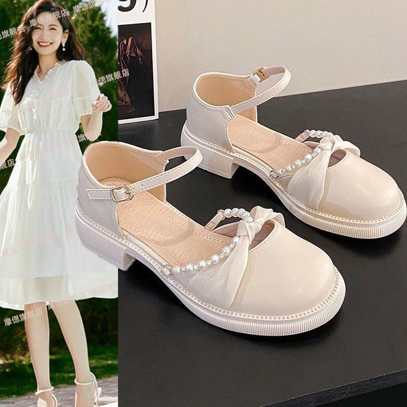 Super fairy pearl French soft sole with skirt small leather shoes schoolgirl sandals 2025 summer new Mary Jane sandals