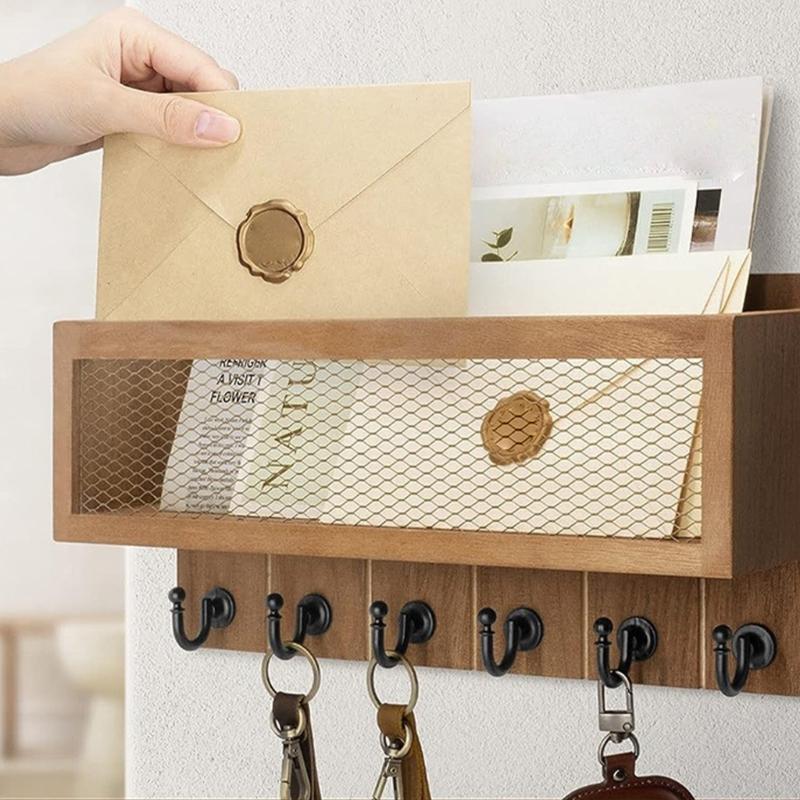 Scaffale Multifunzionale in Legno da Parete Organizzatore per Chiavi 6 Ganci Scomparto per Posta Contenitore per Piccoli Oggetti Decorazione Ingresso