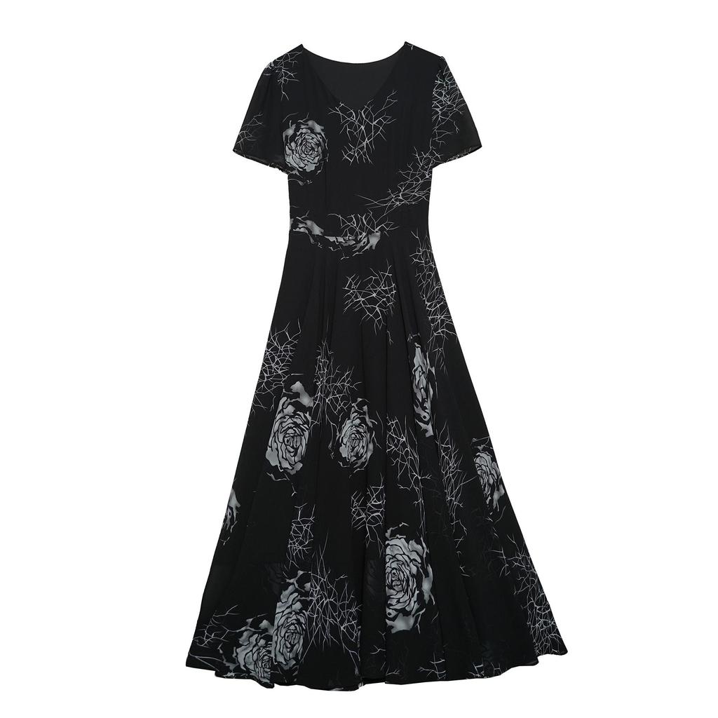 Spring/Summer 2024 V-Neck Floral Black Midi Dress - Plus Size Women's High-End Collection