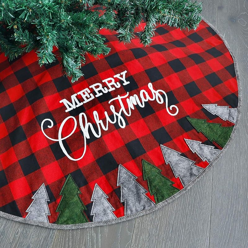 Juegoal 48 Inch Christmas Tree Skirt, Soft Red and Black Plaid Christmas Tree Mat for Xmas Party Decoration, Christmas Tree Holiday Decor
