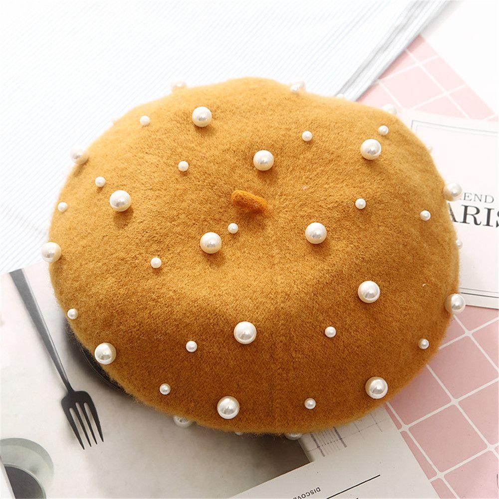 Autumn Winter Elegant Casual Warm Pearl Wool Beret Hat French Cap Painter Hats