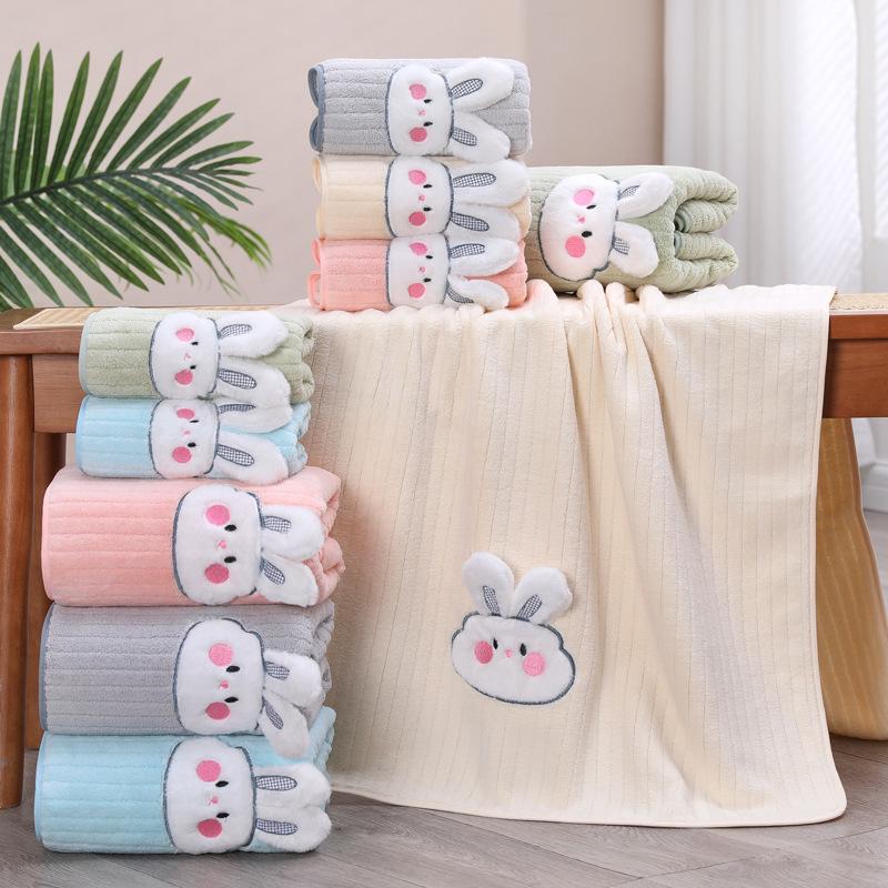 Plus Size Cartoon Rabbit Bath Towel Set for Kids - Cute, Quick Dry, and Absorbent Coral Fleece for Home Use
