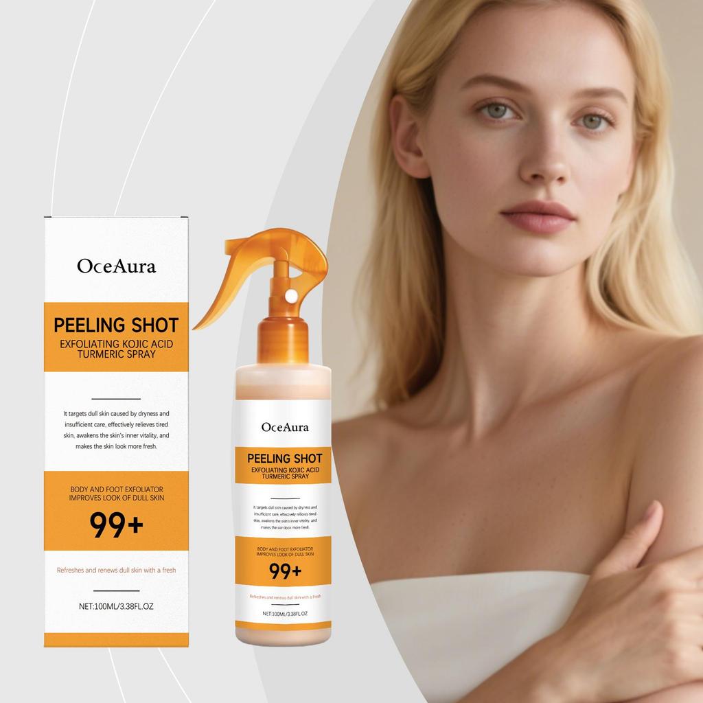 OceAura Exfoliační sprej na tělo s kyselinou kojovou a kurkumou, Jemný čistič pleti na záda, ruce a nohy, Denní hydratační péče pro drsnou pokožku 100 ml
