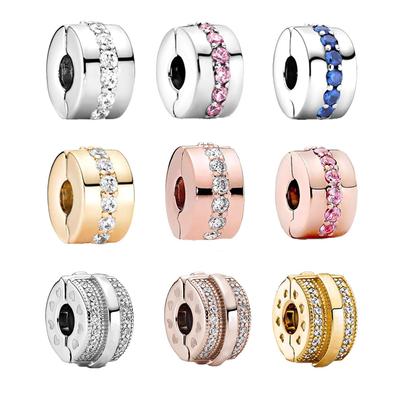 DIY Gold Plated Pink Blue Sparkling Charm Beads for Original Sterling Silver 925 Bracelet Women Fashion Jewelry Gift