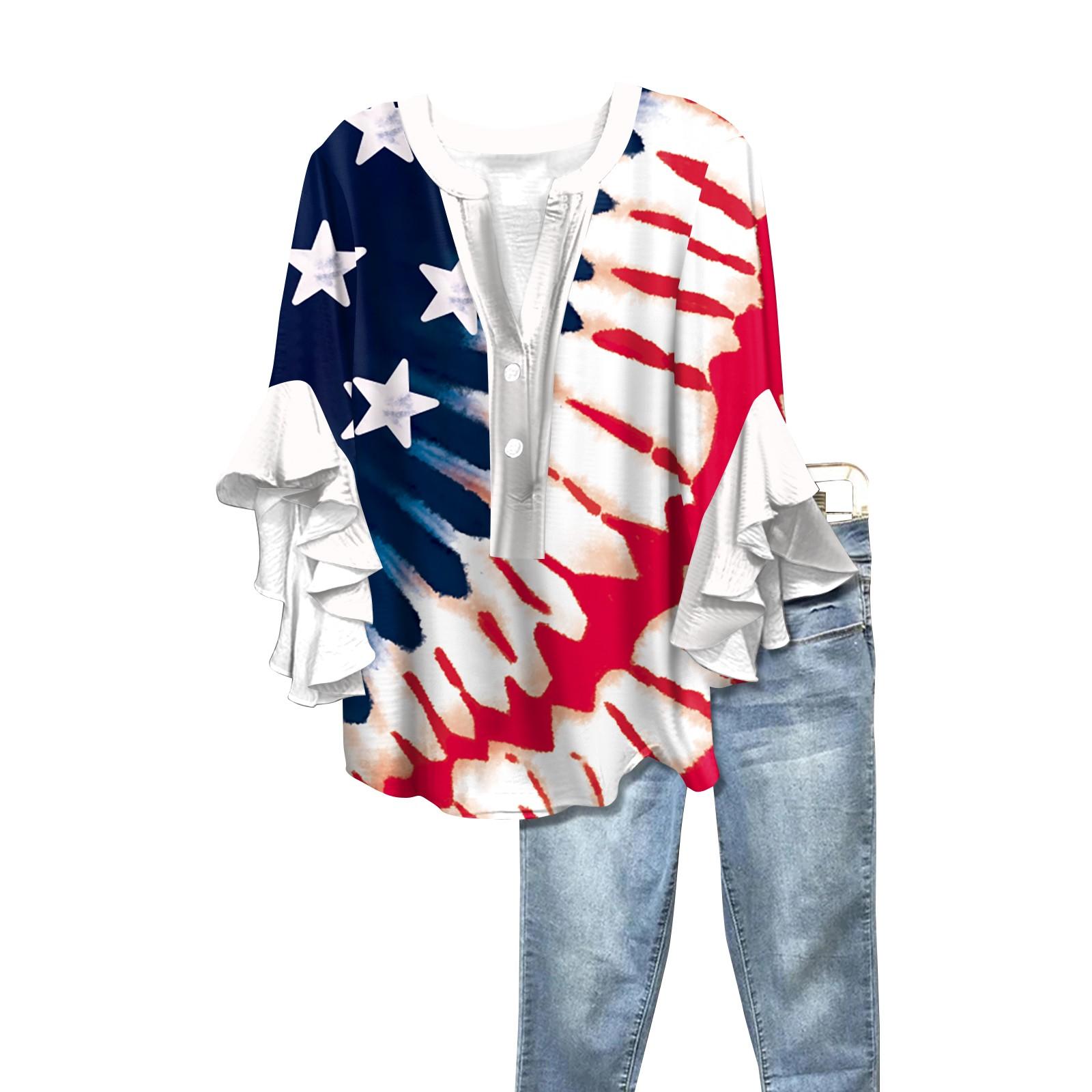 

Summer Women s Tops V Neck Seven Sleeve Shirt Independence Day Printed Tops Casual Shirt XXL