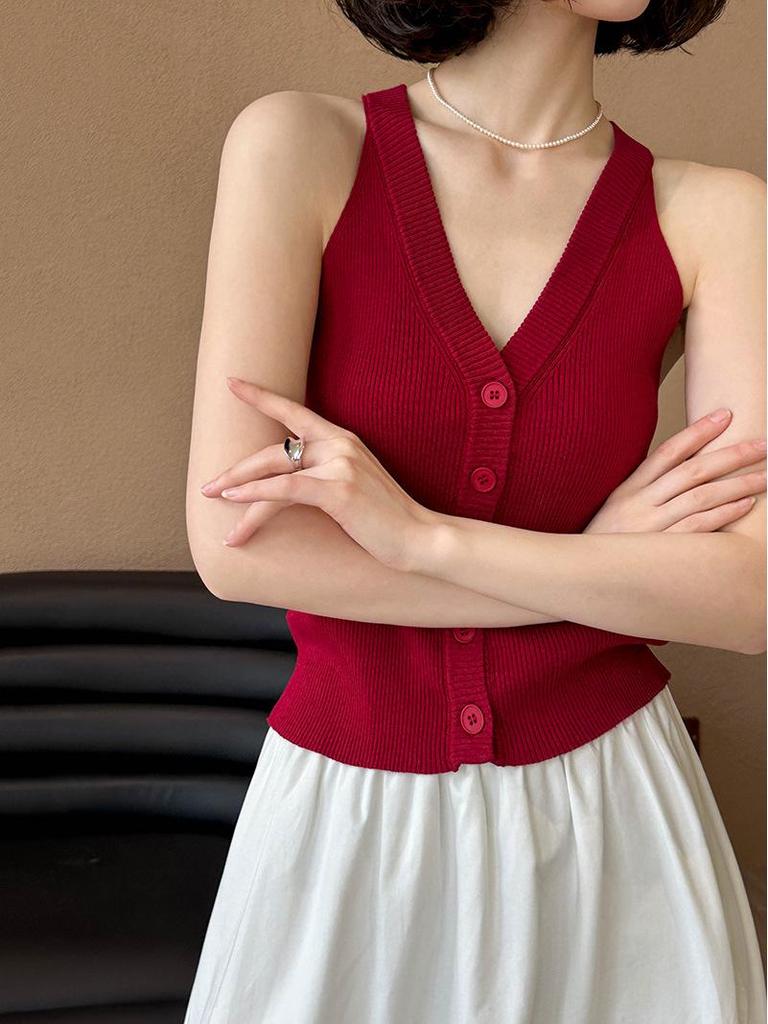 Juzhi Spring Korean V-Neck Sleeveless Cardigan