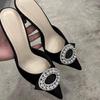 Women's Rhinestone Stiletto Heels - Pointed Toe, Square Buckle, Versatile Half Slippers