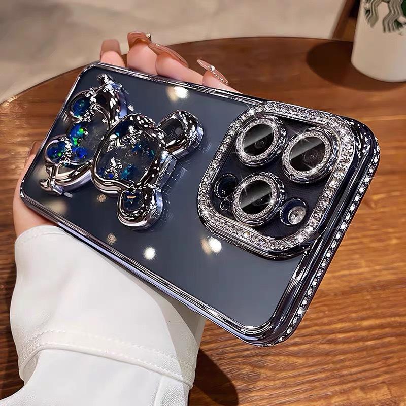 Quicksand Violent Bear Applies To Apple 17 Mobile Phone Case Electroplated Rhinestone iPhone16promax Lens Flash Drill Soft Case