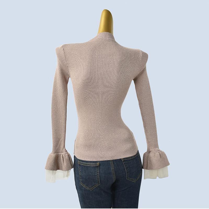 Horn Ruffle Sleeve Chiffon Patchwork Cann Flash Silk Women's Half Turtleneck Base Knitting Women's Fall and Winter Slim Fit Slimming Top