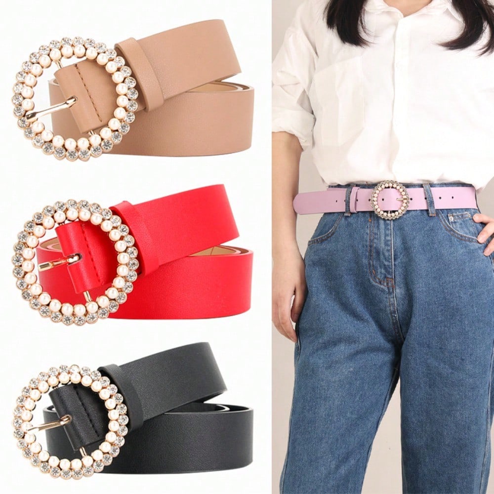 Women's Belt Buckle Fashionable Sweet Pearl Belt Paired with Dress Decoration Belt for Women