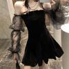 Temperament Mesh Bubble Sleeve Girl Black Skirt Strapless Waisted Puffy Dresses Women's