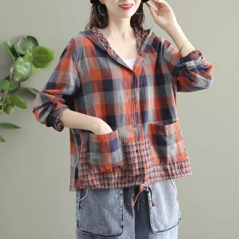 Artistic Retro Checkered Long Sleeved Shirt for Women Spring Autumn Drawstring Tied Casual Short Cardigan Jacket