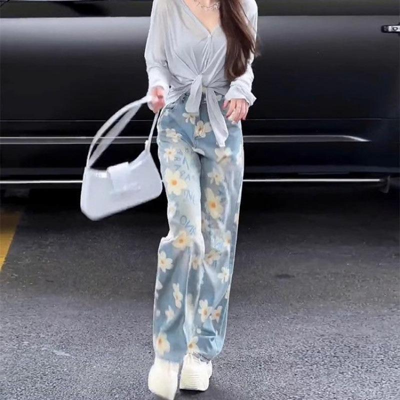 

Daisy Print High Waist Wide Leg Jeans - Summer 2025 Collection 2XL [Recommended 125-140 jin] синий