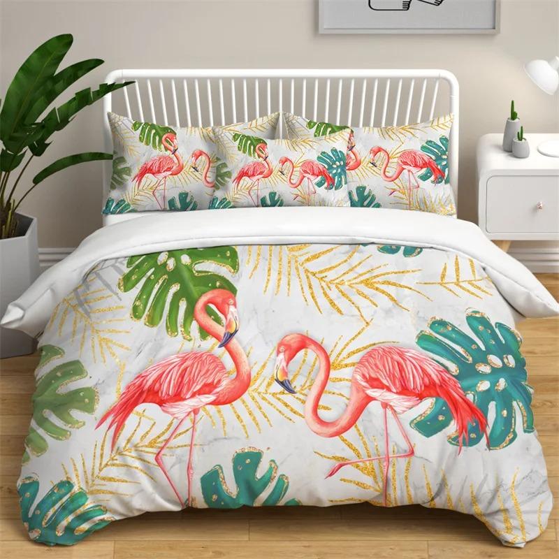 Flamingo Duvet Cover Palm Leaves Comforter Cover for Girls Boys Teens Cute Animal Tropical Botanical Bedding Set Twin King Size