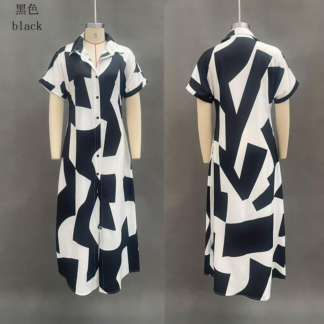 European and American summer new geometric printing shirt-style long dress women s leisure vacation style sunscreen dress S