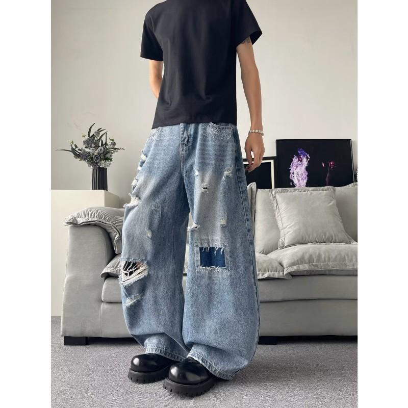 High-Waisted Distressed Straight Leg Jeans Men Women Loose Wide-Leg Denim Pants With Contrast Stitching
