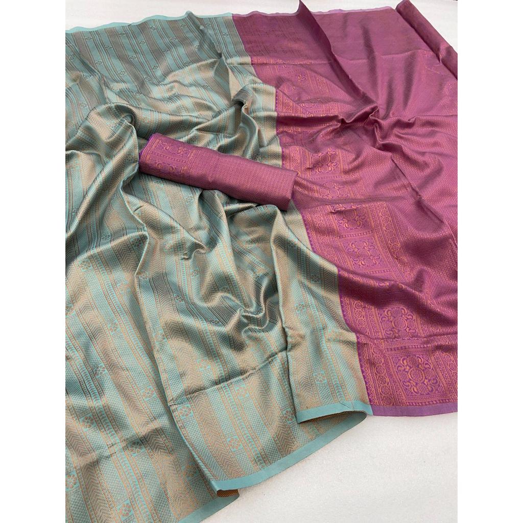 ALMAARI store is adorned with beautiful Zari work in form of traditional motifs. This beautiful saree is elegantly decorated with gorgeous