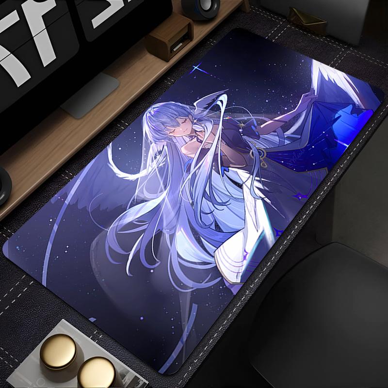 Large Gaming Mouse Pad Antislip Rubber Base Stitched Edges Starry Blue Angel Anime Girl Print for Gaming Office Desk Use