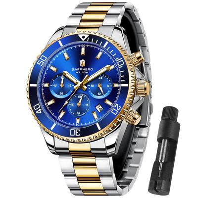 Men's Analog Wristwatch 9 ATM Waterproof Luminous Stainless Steel Mineral Glass Business Outdoor Date Chronograph Gold Band Blue Dial