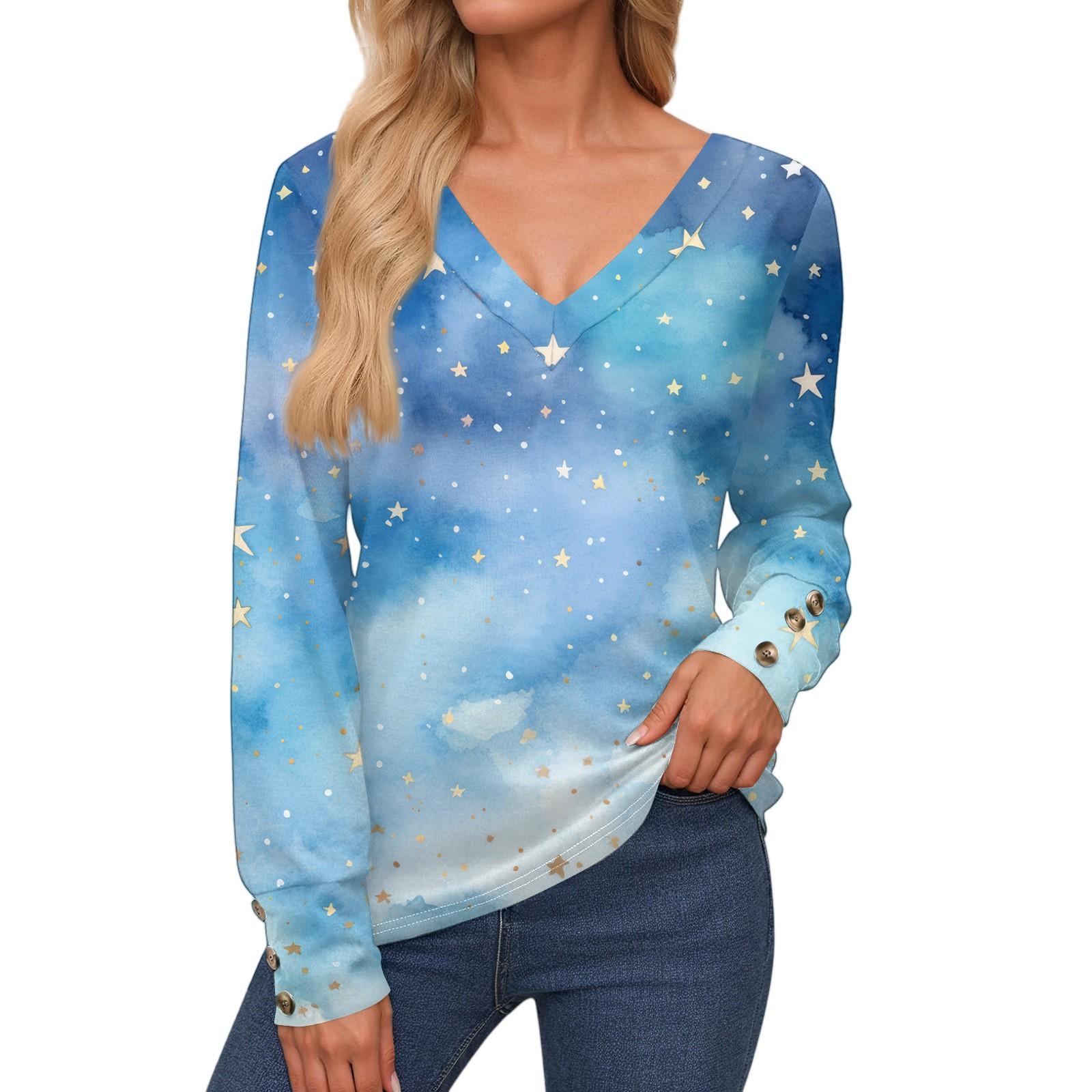 

Женские топы с длинными рукавами, манжетами на пуговицах, рубашка на пуговицах, повседневная свободная футболка с V-образным вырезом, цветочные топы M синий