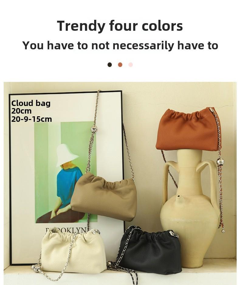 Women's Genuine Leather Cloud Pleated Shoulder Bag with Golden Ball Detail