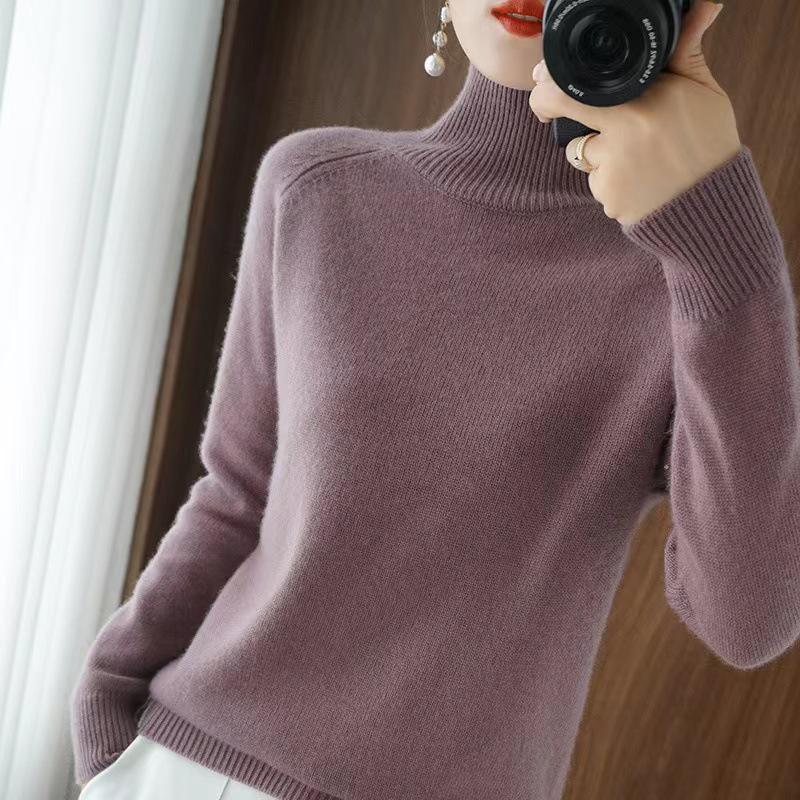 Women's Cashmere High Collar Pullover Sweater - Autumn/Winter 2023 Loose Knit, Solid Color 