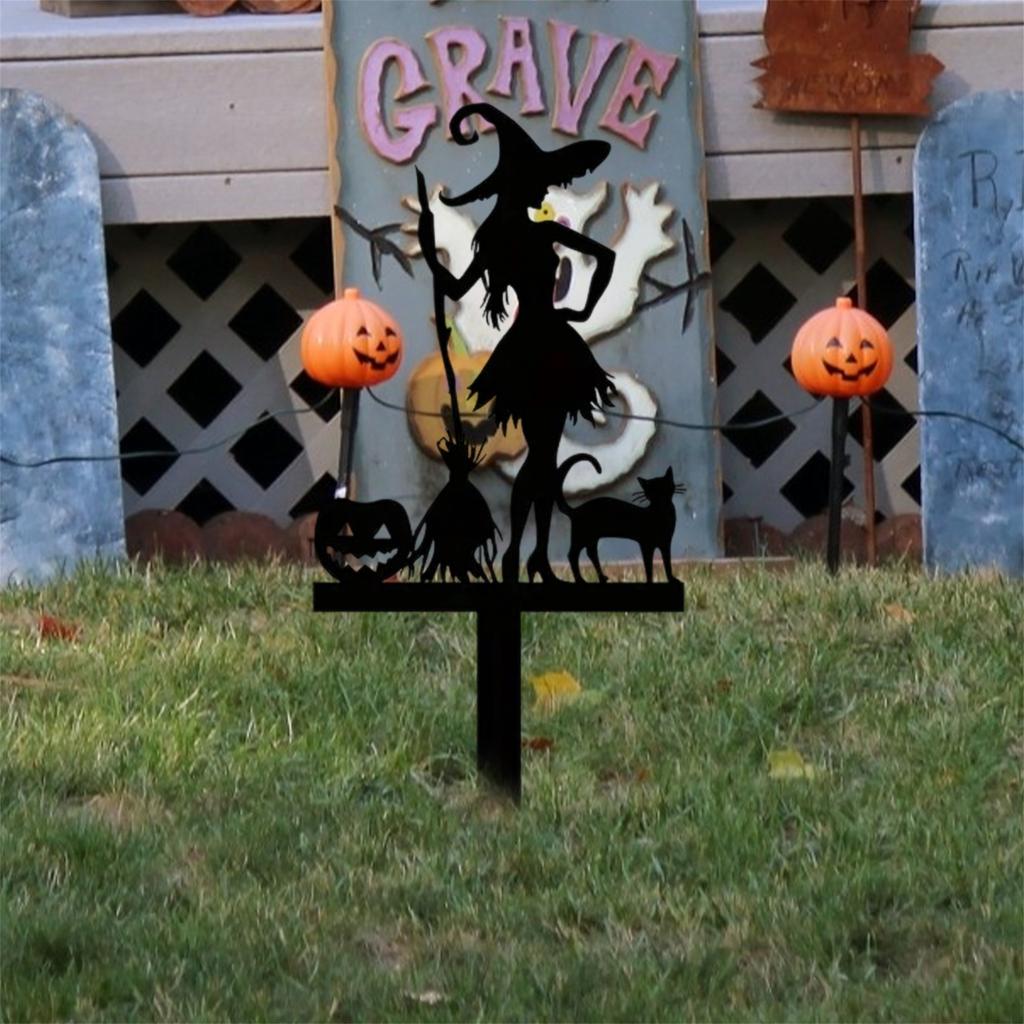 Spooky Halloween Garden Stakes Set with Witch Pumpkin and Black Cat Silhouettes - Metal Outdoor Decor for Lawn and Yard
