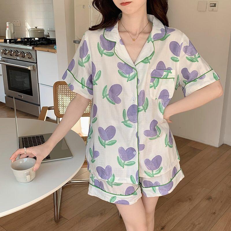 Japanese-style Unprinted Style Summer Fresh Cotton Pajamas Women's Short Sleeves 1011 New Loose Outer Loungewear Suit