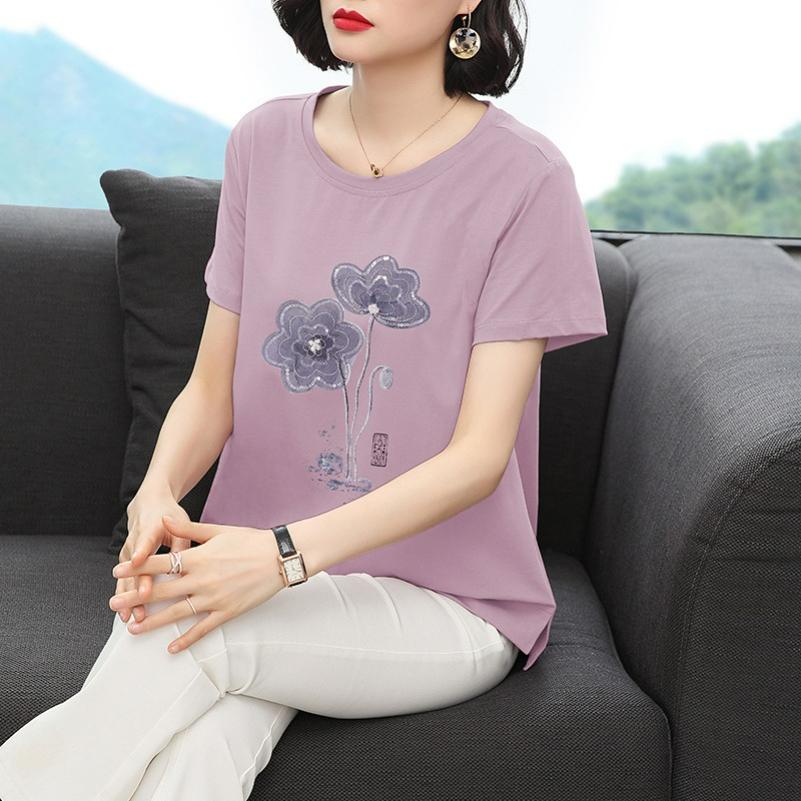 Round Neck Printed Short-sleeved T-shirt Women's Summer Pullover Plus Size Loose Mother Casual Top