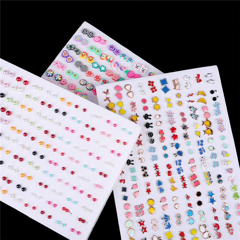 100Pairs Acrylic Crystal Heart Star Moon Small Stud Earrings Set For Women Girl Animal Flower Plastic Earring Trend Jewelry