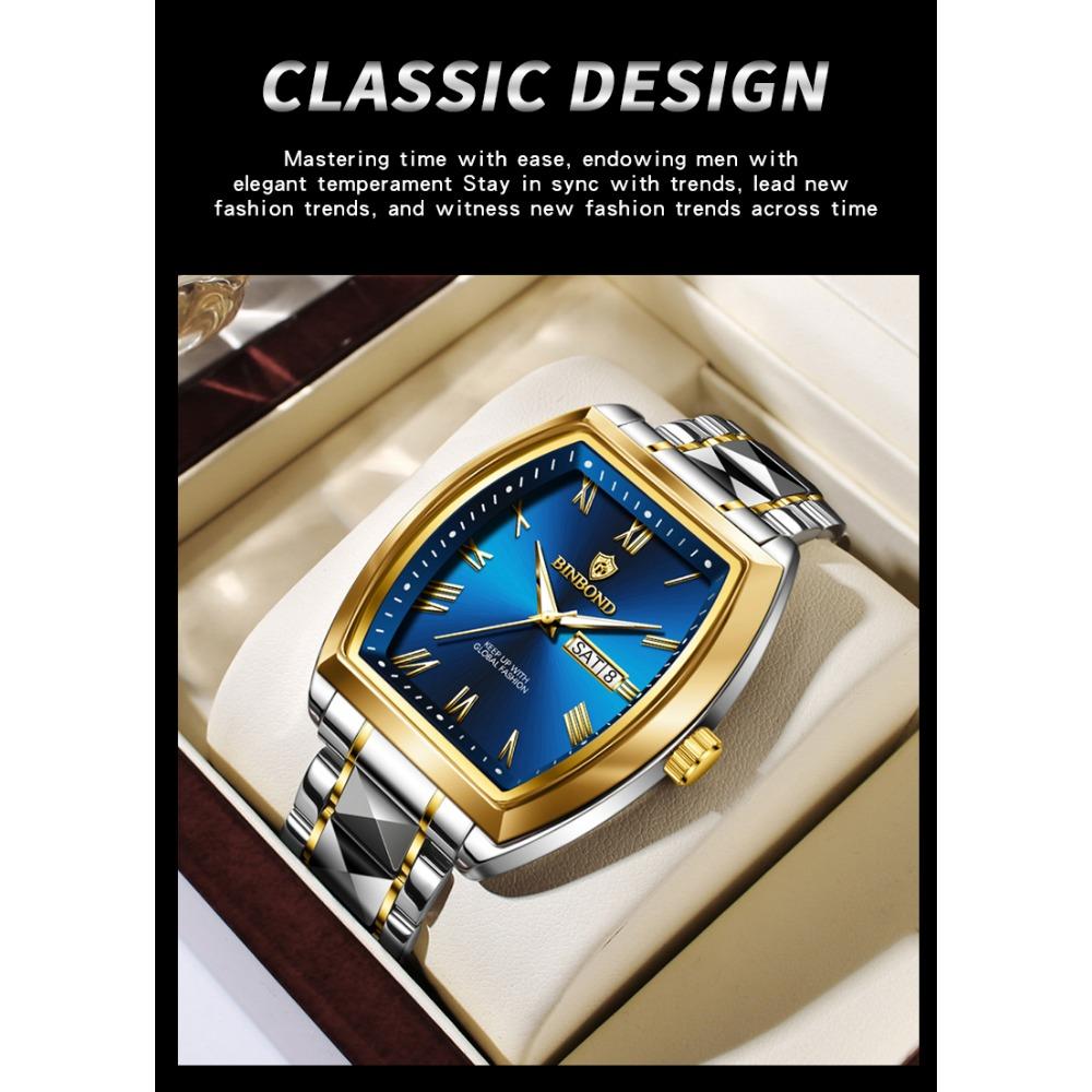 BINBOND B355 Stainless Steel Men Watch Top Quailty Luxury Push Button Hidden Clasp Waterproof Luminous Date Week Sport Men Watch