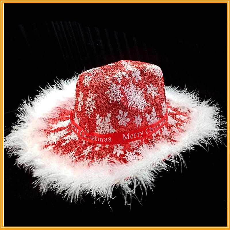 Hot Selling Christmas Party Snowflake Feather Cowboy Hat Santa Claus Western