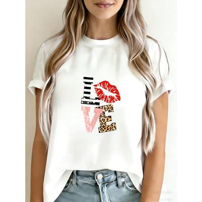 Liebe Grafikdruck Weißes T-Shirt Mit Lippen- Und Leopardenmuster Für Freizeitkleidung