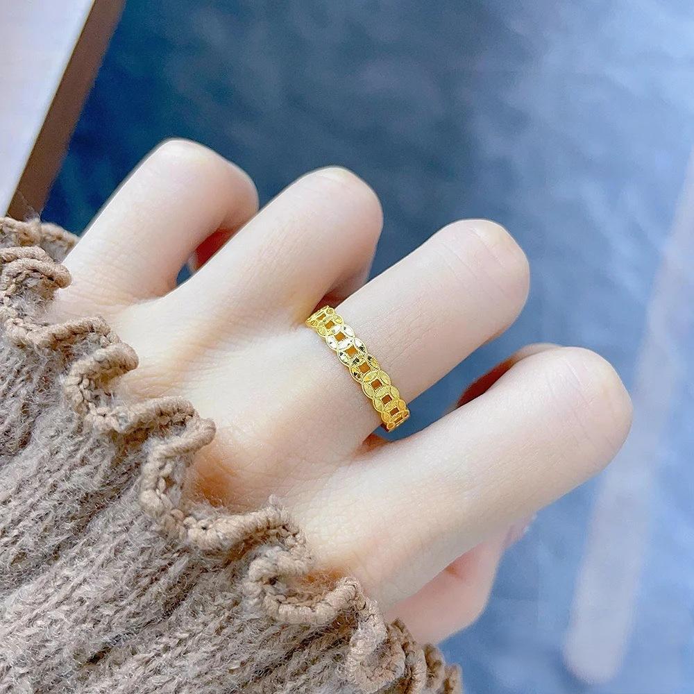 

5G Gold color sand gold plated999Crushed Ice Hollow Copper Coin Ring for Women, Money Coin Fortune Ring, Hand Accessory 6No.