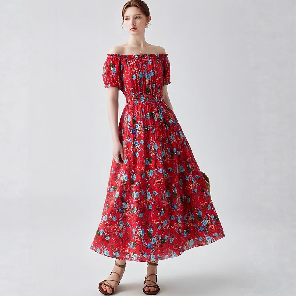 Bohemian Cotton-Silk Floral Printted Off-the-Shoulder French-Style Summer Dress for Women Ethnic-Style Elastic Waistband Pleayed Long Dress