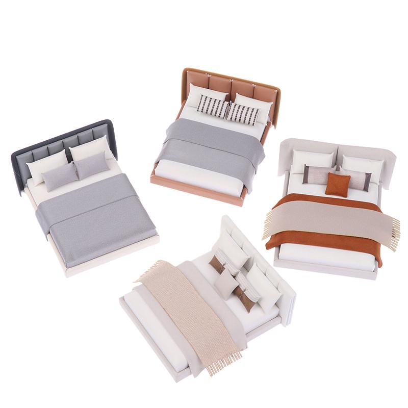 Dollhouse New Cream Style Double Bed Model Micro Scene Model Miniature Furniture Dolls Accessory Simulated Furniture Ornament