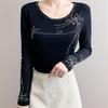 Spring Autumn Women's Hotfix Rhinestone T-Shirt Elegant O-neck Full Sleeve Tees Slim Ladies Tops