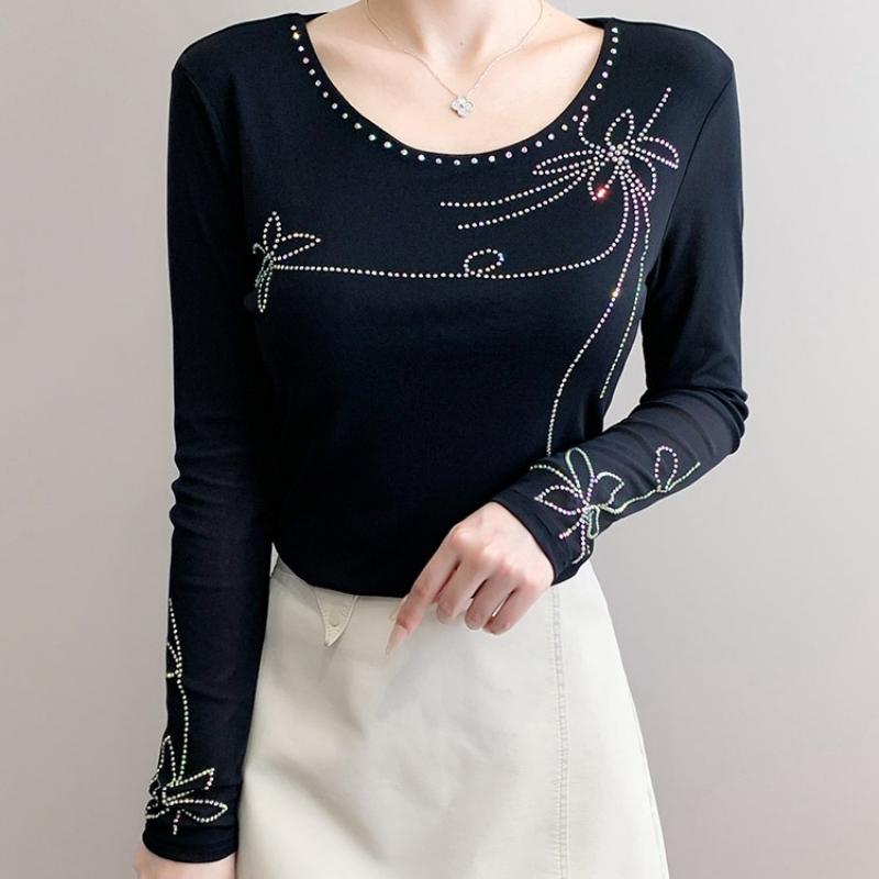 Spring Autumn Women's Hotfix Rhinestone T-Shirt Elegant O-neck Full Sleeve Tees Slim Ladies Tops