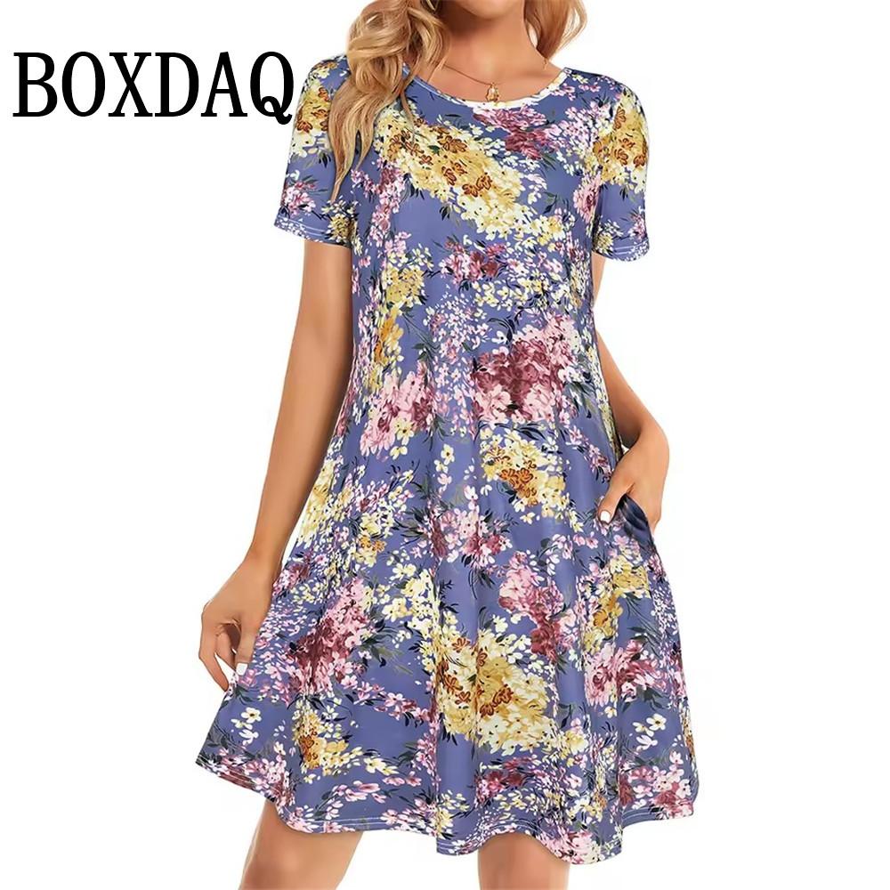 Vintage O Neck Floral Dress Womens Vintage Short Sleeve Summer A-Line Elegant Party Dresses Ladies Casual Loose Bohemian Dresses
