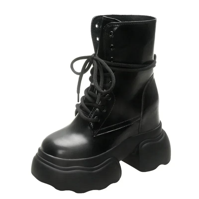 

Fashion 2025 New 11cm Women Ankle Boots Platform Mid-Calf Motorcycle Women Shoes Boots Autumn Winter Warm Non-slip Female Short Boots 39 чёрный