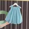 Summer Korean Dress Kids Girls Clothes Cotton Knotbow Ruched Tops Fluffy Dress Children Girls Sleeveless Dress