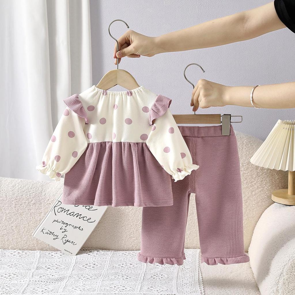 Completo Autunnale da Bambina con Fantasia Floreale a Pois e Fiocco, con Pantaloni Lunghi