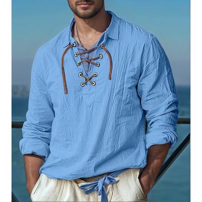 Men's 100% Linen Shirt Long Sleeve Lace Up Neck Casual Spring Summer Breathable Shirts Men Clothing