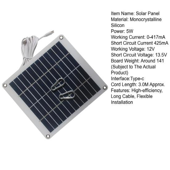 Solar Panel 5W 12V High-Efficiency Monocrystalline Silicon Renewable Energy Charger with 3.0M Type-C Cable