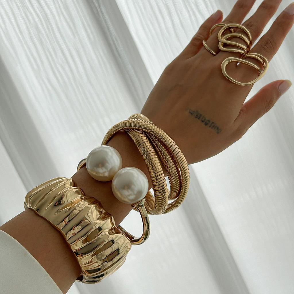 DIEZI 3 Style Round Imitation Pearl Wide Cuff Bangles Bracelets Punk Multilayer Geometric Metal Spring Bangles Set For Women Men