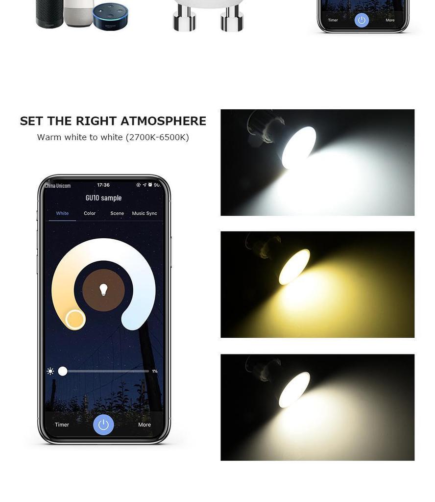 Tuya WiFi Smart GU10 RGBCW Dimmable Spotlight, Voice-Controlled with Alexa Compatibility.