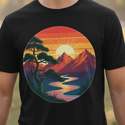 Sunset Mountain River Landscape T-shirt | Retro Circle Nature Tee