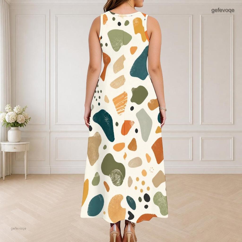 Women Plus Size Round Neck Triple Keyhole Sleeveless Geometric Printed Long Dress