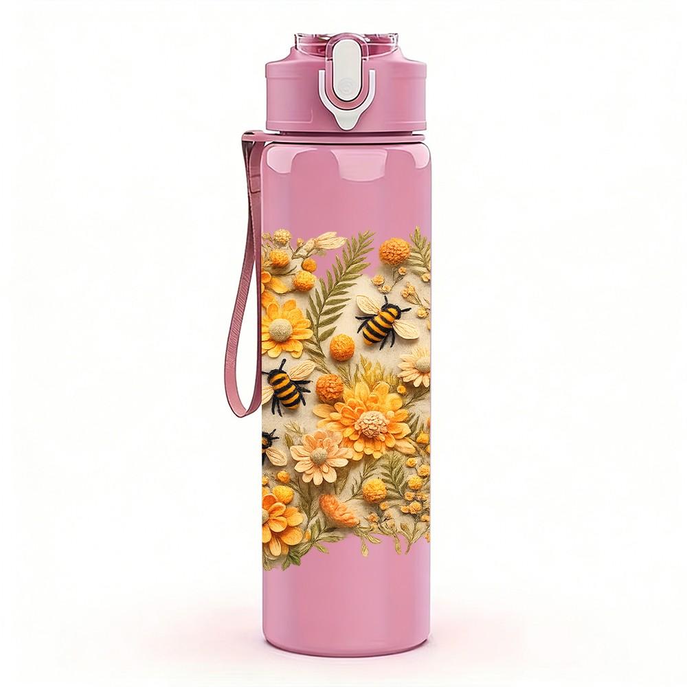 1PC Dry Autumn Yellow Flower Cluster Print 750ml Color Plastic Sports Water Bottle Leakproof Flip Straw Lid Suitable for Sports Office Home Use