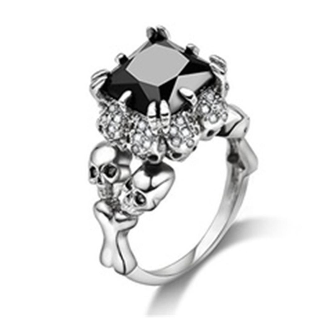 Exquisite Women Square Black Rhinestones Zircon Ring Fashion Gothic Punk Skull Ring for Female Wedding  Halloween Gifts